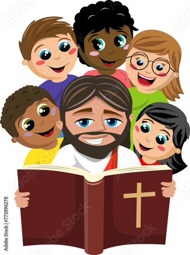 Group of multicultural happy kids surrounding jesus christ reading holy bible book isolated on white