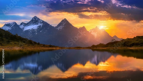 Beautiful Sunset view of mountain range with dramatic cloudy sky © Venice