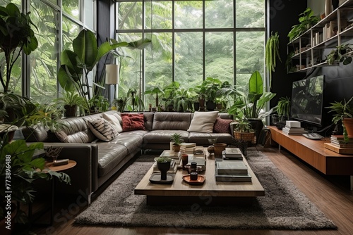 Contemporary Urban Jungle Living Room: Modern Furniture & Abundant Plants