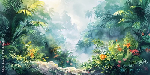 Lush jungle landscape in watercolor style, Generative AI © Coconut Design