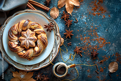 A freshly baked cinnamon star bread served on a blue textured surface with autumn spices and leaves photo