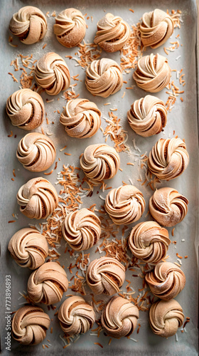 Rows of coconut meringues on a tray, capturing the art of baking with precision and lightness photo