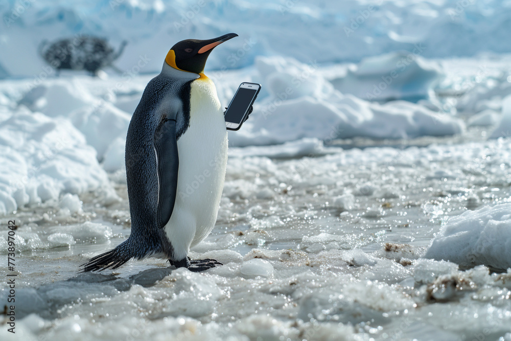 Fototapeta premium Penguin with smartphone Penguin watching icy documentaries, a blend of polar life education and digital streaming 