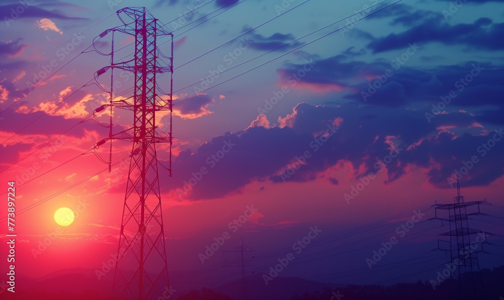 Energy Transmission at Sunset Silhouette