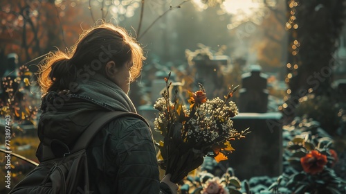 Woman visiting a grave at the cemetery and bringing flowers
 photo