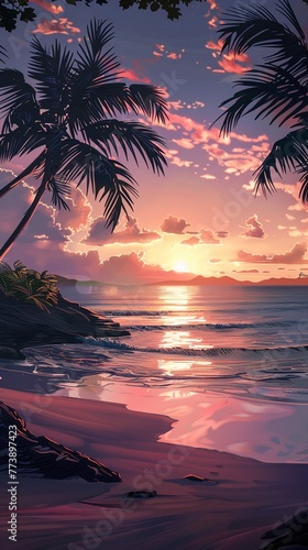 Illustrated tranquil beach scene at sunset  vertical layout  embodying serenity