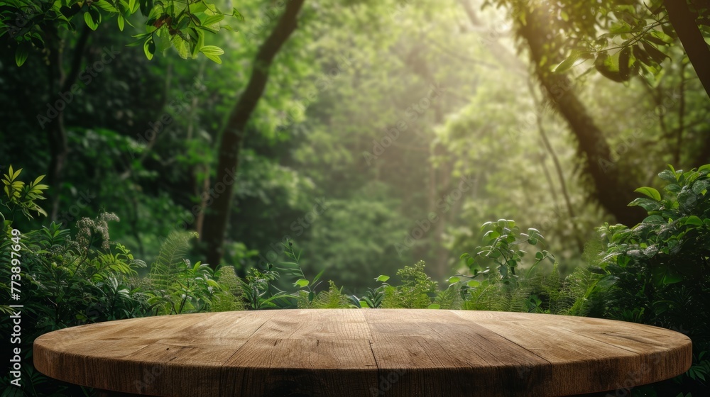 A beautiful mockup setting featuring a round wooden table in a sun-drenched forest, ideal for product and nature-themed displays. A beautiful mockup setting featuring a round wooden table in a sun-drenched forest, ideal for product and nature-themed displays.