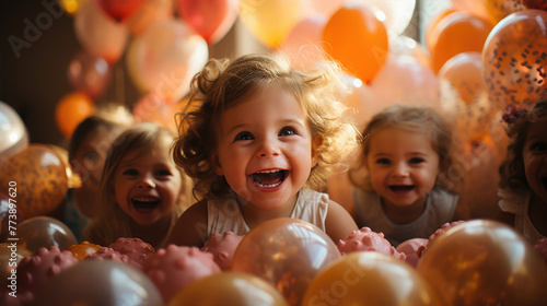 Happy laughing children with caps on their heads playing, birthday, holiday, birth, colorful balloons, party, childhood happiness, boy, girl, celebration, generative AI