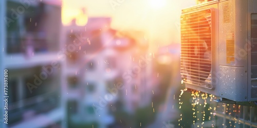 Sunset casting warm light on an air conditioner. Symbolizing heatwave conditions in the city.