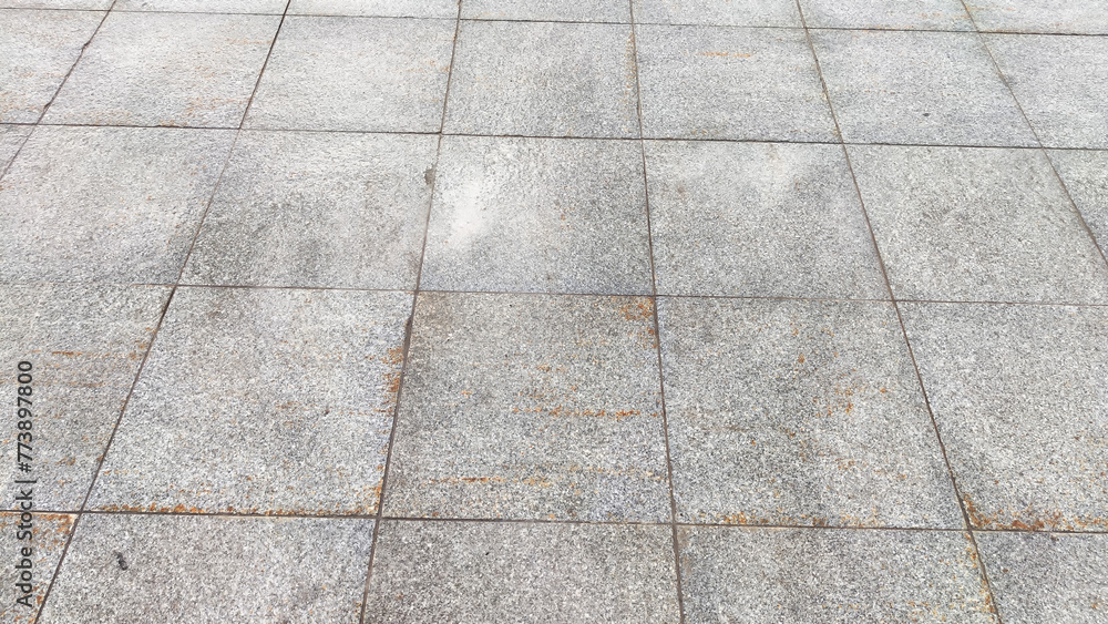 Fototapeta premium Mist Rises From Urban Pavement Tiles in Early Morning. Background, texture, pattern, copy space,
