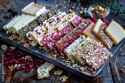 A beautifully presented charcuterie board with a variety of cheeses and meats, accented by nuts and seeds photo