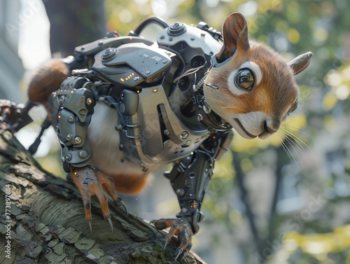 Squirrel robot in city Agile squirrel robot, with acrobatic mechanics, scampers in city trees, a playful blend of nature and technology , hyper realistic, low noise, low texture