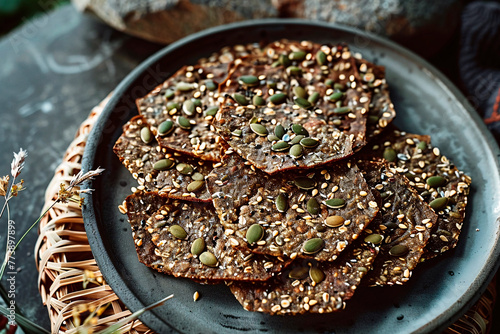 Crunchy multigrain crackers with seeds and nuts on a grey plate with rustic decoration photo