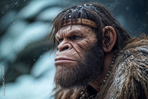 Close-Up of a Neanderthal’s Face Covered in Snow Depicting Ancient Winter Survival.