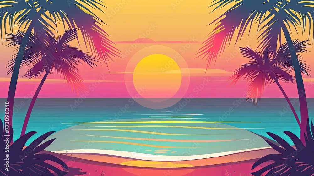 Beach sunset background illustration with palm trees and ocean waves, using a flat design with simple shapes and colors