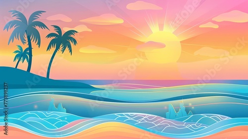 Beach sunset background illustration with palm trees and ocean waves  using a flat design with simple shapes and colors