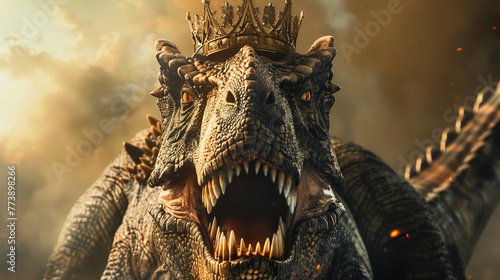 Trex as king Trex with a crown, ruling prehistoric lands from a colossal throne, symbolizing ancient dominion and power , hyper realistic, low noise, low texture photo