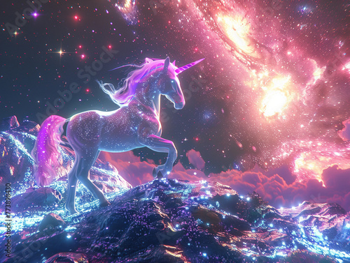 Unicorn in VR Gallops across cosmic realms  its magic intensified in starlit virtuality   hyper realistic  low noise  low texture