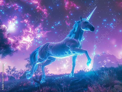 Unicorn in VR Gallops across cosmic realms  its magic intensified in starlit virtuality   hyper realistic  low noise  low texture