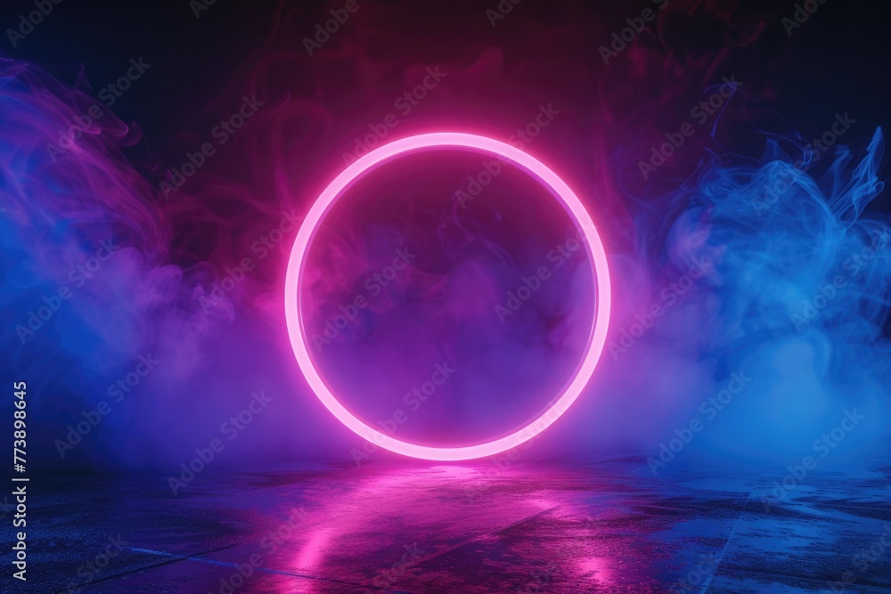 Circle Abstract. Three-Dimensional Neon Frame in Blue and Pink for Ultraviolet Light Background