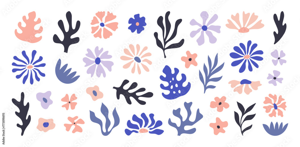 Collection of abstract flowers, organic nature shapes and exotic tropical leaves in trendy Matisse art style. Contemporary art floral collage. Modern vector summer design for cards, textile, posters.