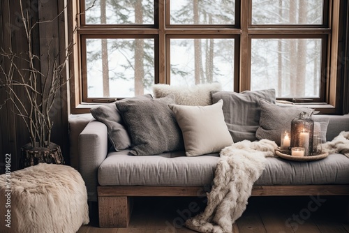 Plush Pillows Paradise: Cozy Hygge Winter Cabin Living Room Ideas © Michael
