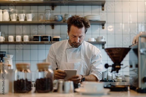 Contemplative chef researching coffee varieties on a tablet in a minimalist café kitchen