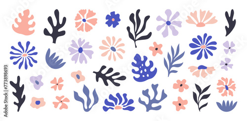 Collection of abstract flowers, organic nature shapes and exotic tropical leaves in trendy Matisse art style. Contemporary art floral collage. Modern vector summer design for cards, textile, posters.