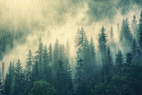 Forest Mountain Landscape. Misty Fir Forest in Hipster Vintage Style
