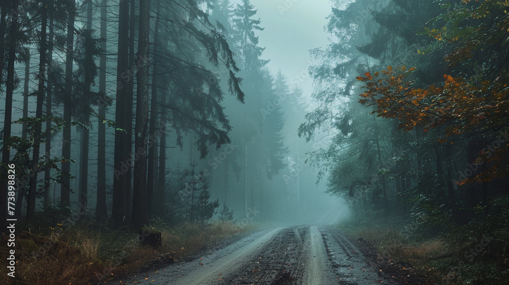 Obraz premium A foggy forest road, with tall trees on either side creating an ethereal and enchanting atmosphere, inviting travelers to embrace the mystery of the journey.