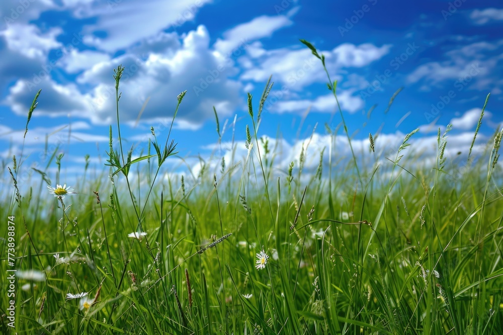 Grass Spring. Beautiful Green Field with Blue Sky in Nature Landscape