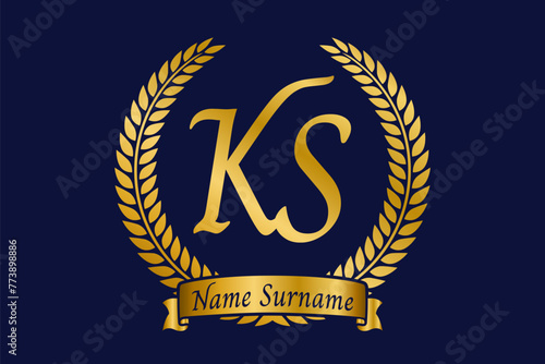 Initial letter K and S, KS monogram logo design with laurel wreath. Luxury golden calligraphy font.