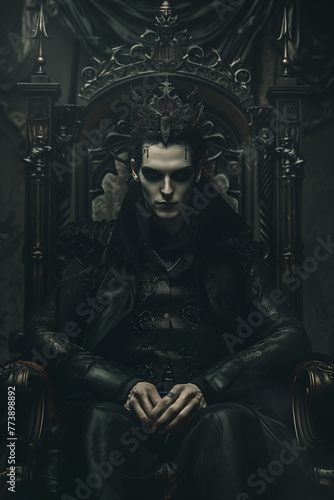 Vampire as king Vampire with a dark crown, reigning from a gothic throne, embodying nocturnal elegance and ageless dominion , hyper realistic, low noise, low texture