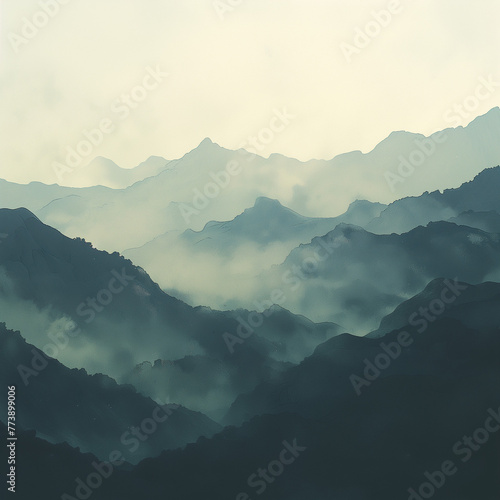 mountain ranges in the morning fog