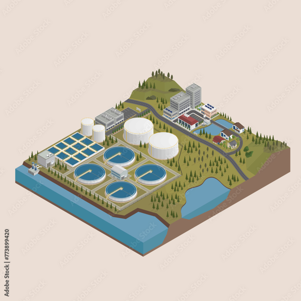 water treatment plant clarifier supply to city with isometric graphic
