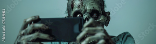Zombie with smartphone Zombie playing braintraining games, humorously blending undead lore with cognitive app engagement , hyper realistic, low noise, low texture