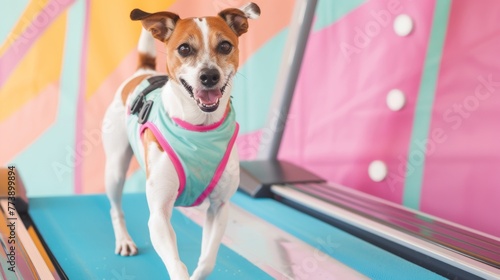 Energetic Jack Russell Terrier exercising on a treadmill with colorful gym background in a pet fitness session