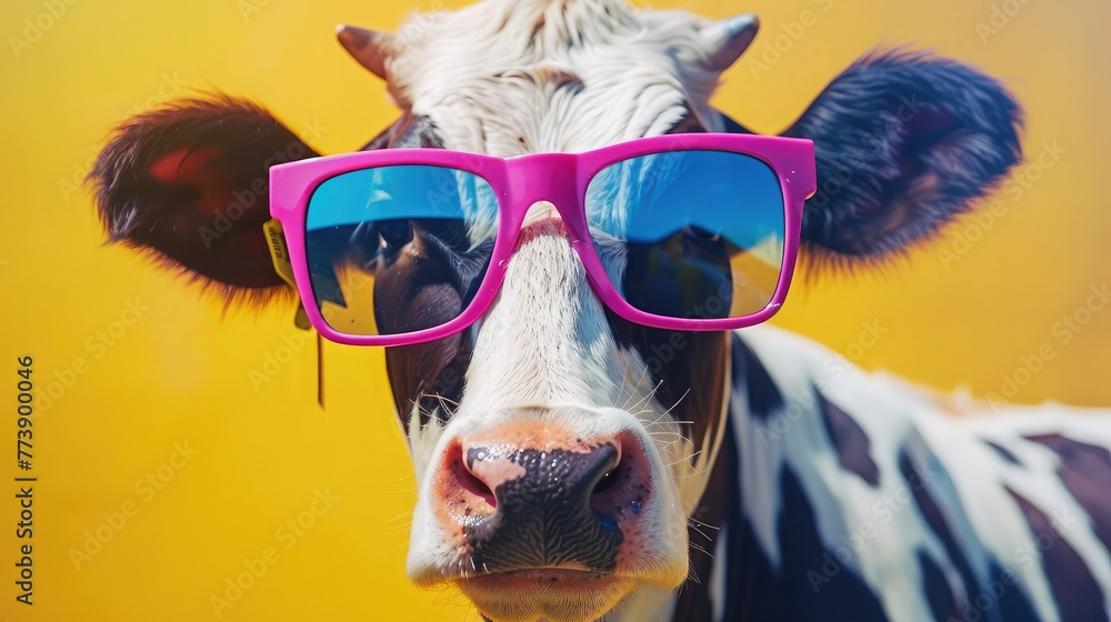 Punk Rock Colorful cow spotted farm Animal Vibrant Bright and Fashionable Cool Group Outfit and Background Sunglasses Banner Advertisement Fun Creative Birthday Invitation