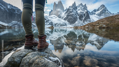 
A serene mountain lake reflecting the surrounding peaks, with a lone hiker standing on a rocky outcrop, her feet clad in sturdy hiking boots photo