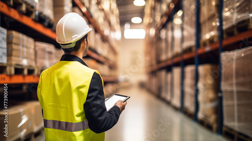 Warehouse worker wearing hardhat and safety vest uses a tablet to manage inventory