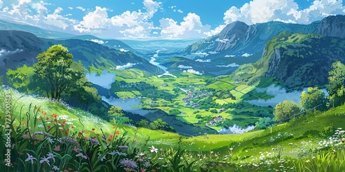A Serene Mountain Valley with a Flower-Covered Hillside Generative AI