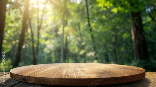 A beautiful mockup setting featuring a round wooden table in a sun-drenched forest  ideal for product and nature-themed displays.