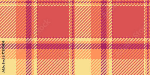 Layer textile check fabric, trousers background seamless pattern. Spring vector texture tartan plaid in red and yellow colors.