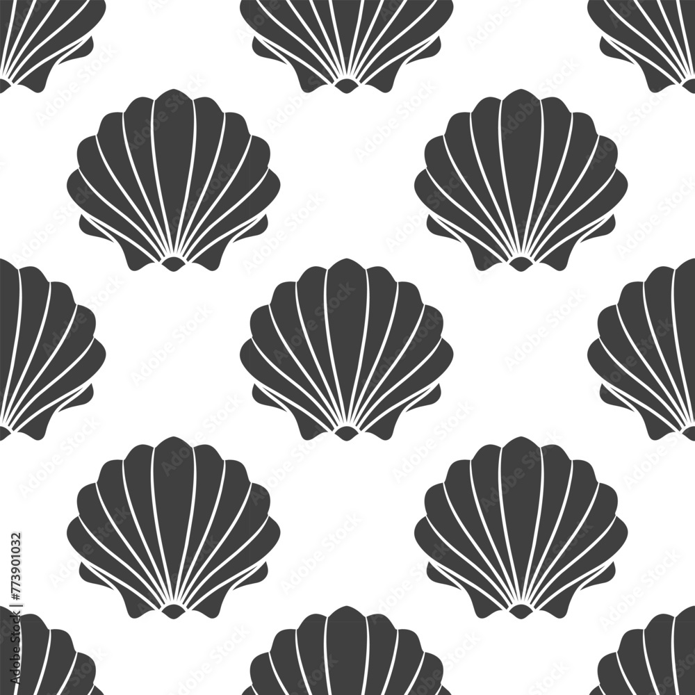 Seamless pattern of scallop seashells. Black silhouette of seashells on a white background. Vector Seamless pattern of scallop seashells. Black silhouette of seashells on a white background. Vector