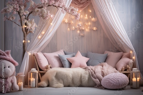 Enchanting Fairy-Tale Bedroom: Pastel Bliss with Plush Pillows