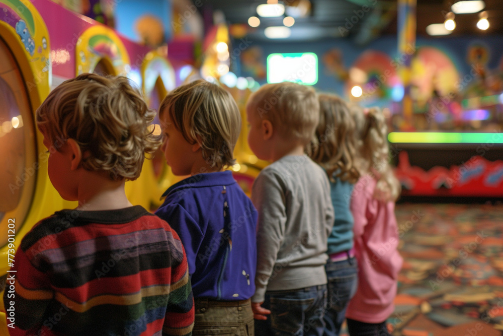 Imagine a row of toddlers and young children standing in a row in a lively entertainment room, their backs turned towards the camera. Their eager anticipation is evident as they aw Imagine a row of toddlers and young children standing in a row in a lively entertainment room, their backs turned towards the camera. Their eager anticipation is evident as they aw