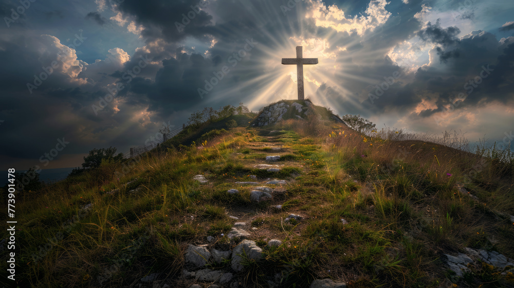 holy saturday cross on top of mountain with sky background	
