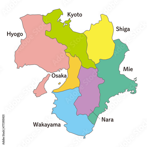 近畿地方の各県の地図、アイコン、英語の県名入り
