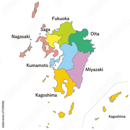 九州地方の各県の地図、離島を含む、英語の県名入り