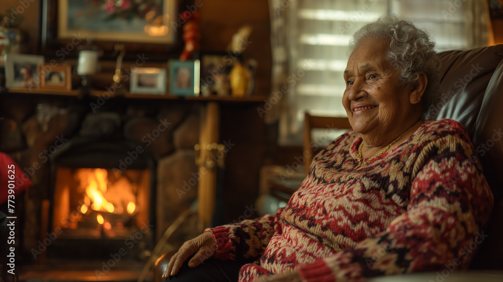 In her cozy living room, a proud retired elderly Latin woman sits surrounded by family photos and warm decor, the soft crackle of a fireplace providing a comforting backdrop